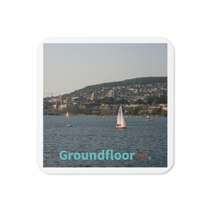 Beautiful River & Hills Sinari Cork-back coaster with Groundfloor with House Logo