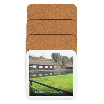 Lakeside Serenity Cork-back coaster with groundfloorview24 with House Logo