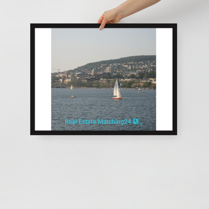 Beautiful River & Hills Sinari Framed poster with realestatematching24 with key Logo