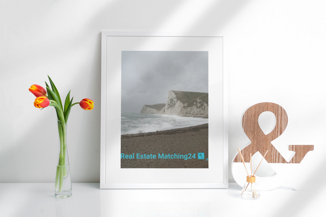 Waves and Sand Framed poster with realestatematching24 with key Logo