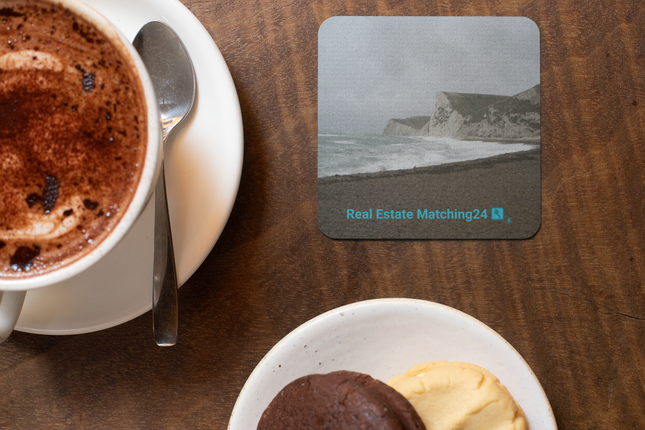 Waves and Sand Cork-back coaster with realestatematching24 with key Logo