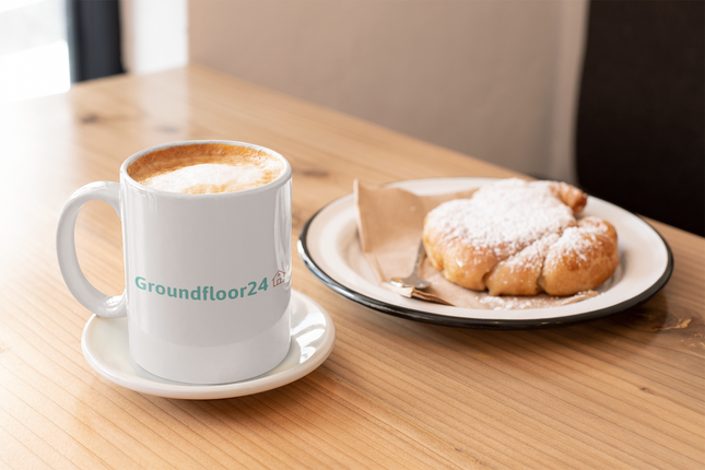 White glossy mug with Groundfloor24 Logo