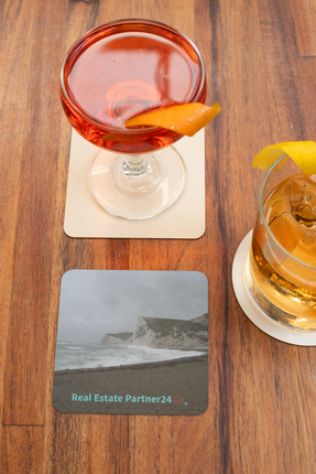 Waves and Sand Cork-back coaster with realestatepartner24 with house Logo