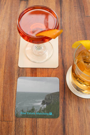 Seaside Serenity Cork-back coaster with realestatematching with key Logo