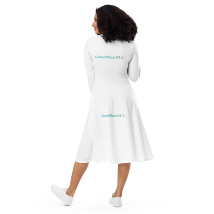 All-over print long sleeve midi dress with Groundfloor24 Logo
