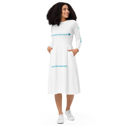 All-over print long sleeve midi dress with Real Estate Matching24 Logo