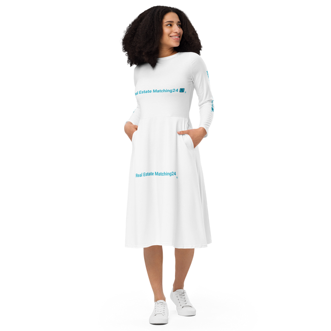 All-over print long sleeve midi dress with Real Estate Matching24 Logo