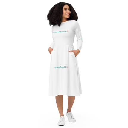 All-over print long sleeve midi dress with Groundfloor24 Logo