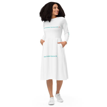 All-over print long sleeve midi dress with Real Estate Partner24 Logo