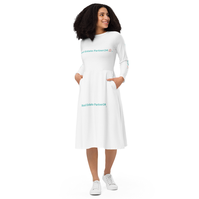 All-over print long sleeve midi dress with Real Estate Partner24 Logo