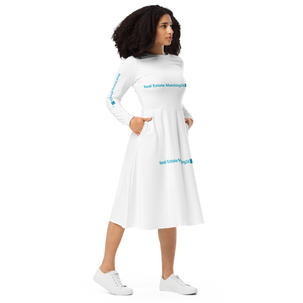 All-over print long sleeve midi dress with Real Estate Matching24 Logo