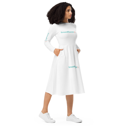 All-over print long sleeve midi dress with Groundfloor24 Logo