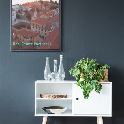 Roof Sunset View Framed canvas with realestatepartner24 with house Logo