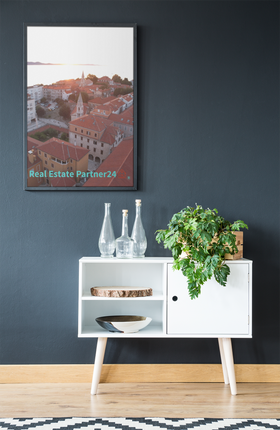 Roof Sunset View Framed canvas with realestatepartner24 with house Logo