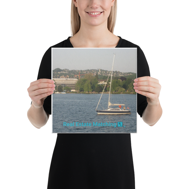Boat on the River Canvas with realestatematching with key Logo