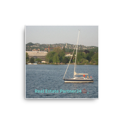 Boat on the River Canvas with realestatepartner24 with house Logo