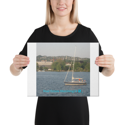 Boat on the River Canvas with realestatematching24 with key Logo