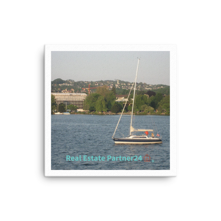 Boat on the River Canvas with realestatepartner24 with house Logo