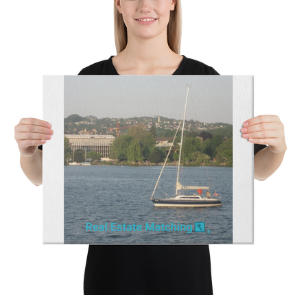 Boat on the River Canvas with realestatematching with key Logo
