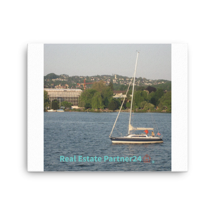 Boat on the River Canvas with realestatepartner24 with house Logo