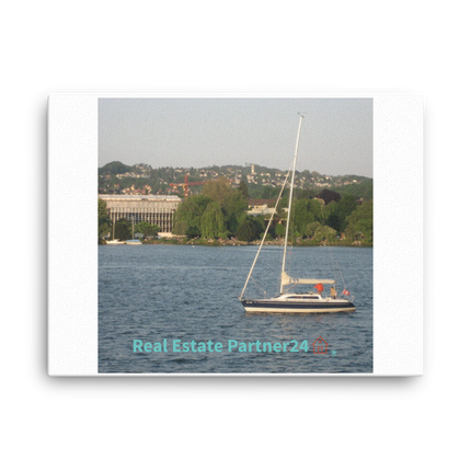 Boat on the River Canvas with realestatepartner24 with house Logo