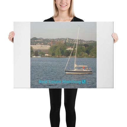 Boat on the River Canvas with realestatematching with key Logo