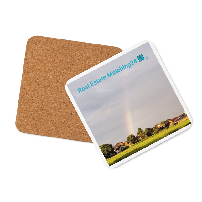 The Rainbow Sinari Cork-back coaster with Real Estate Matching24 Logo