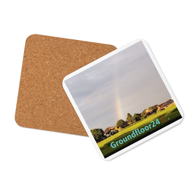 The Rainbow Sinari Cork-back coaster with Groundfloor24 Logo