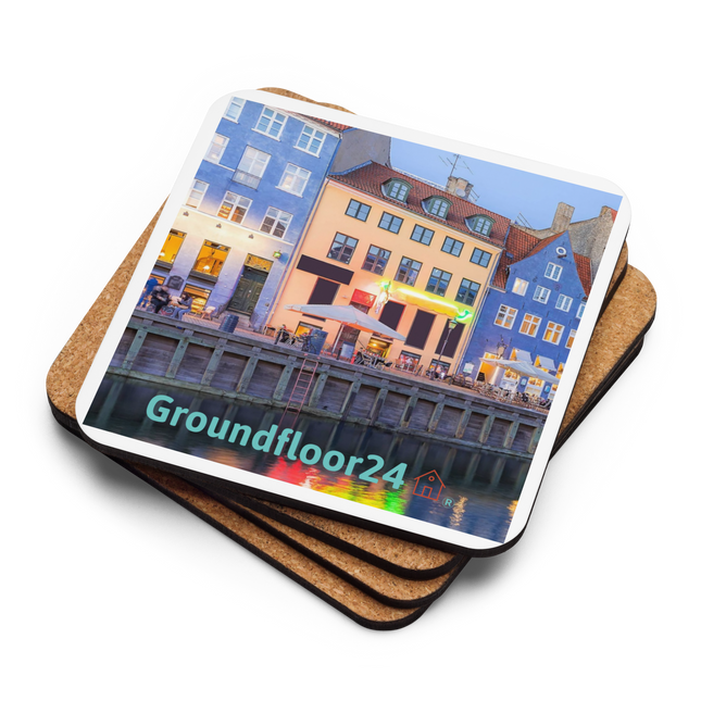 Nyhavn Cork-back coaster with Groundfloor24 Logo