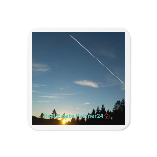 Attractive Sunset Sinari Cork-back coaster with realestatepartner24 with house Logo