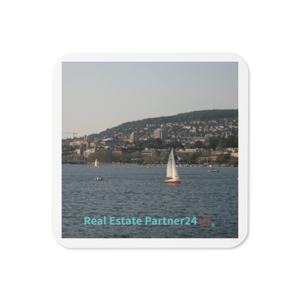 Beautiful River & Hills Sinari Cork-back coaster with realestatepartner24 with house Logo