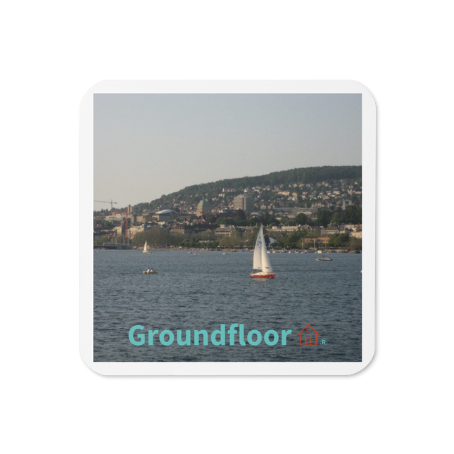 Beautiful River & Hills Sinari Cork-back coaster with Groundfloor with House Logo