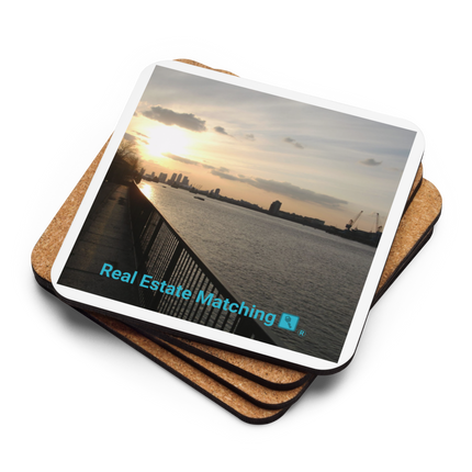 Awesome River View Cork-back coaster with realestatematching with key Logo