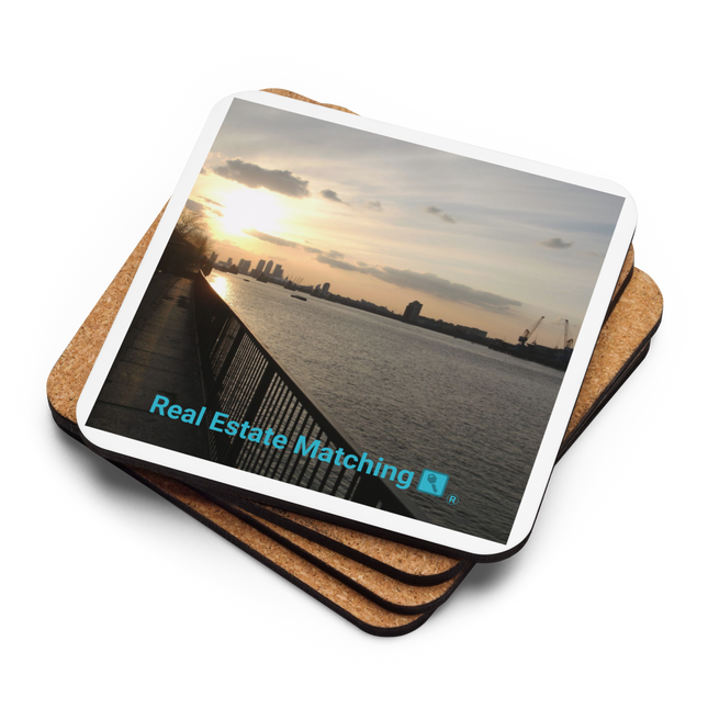 Awesome River View Cork-back coaster with realestatematching with key Logo
