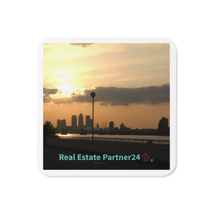Majestic Sunset Cork-back coaster with realestatepartner24 with house Logo