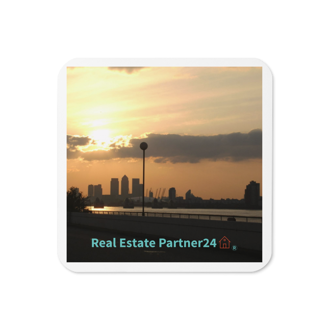 Majestic Sunset Cork-back coaster with realestatepartner24 with house Logo