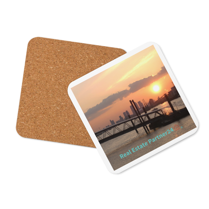 Evening Glow Cork-back coaster with realestatepartner24 with house Logo