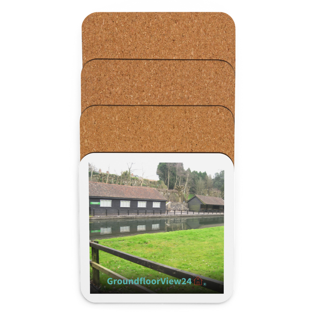 Lakeside Serenity Cork-back coaster with groundfloorview24 with House Logo