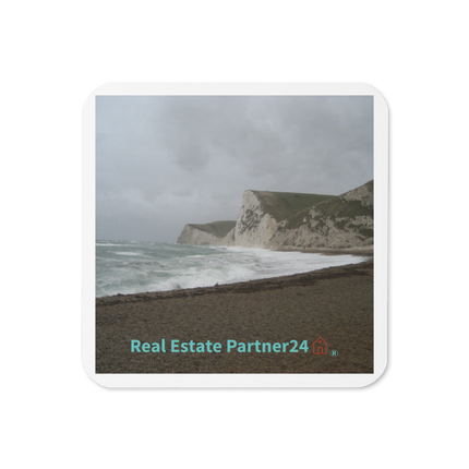 Waves and Sand Cork-back coaster with realestatepartner24 with house Logo