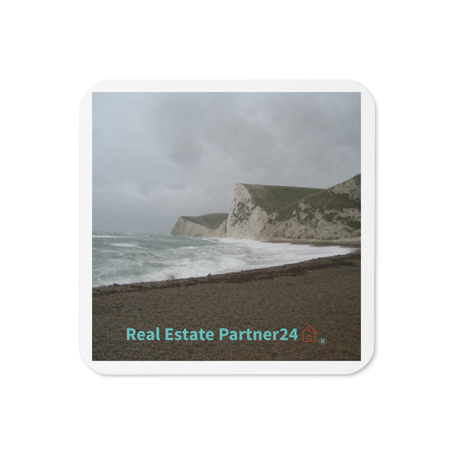 Waves and Sand Cork-back coaster with realestatepartner24 with house Logo