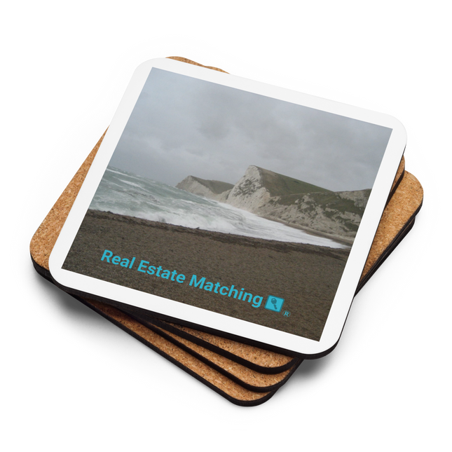 Waves and Sand Cork-back coaster with realestatematching with key Logo
