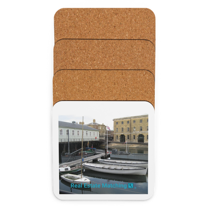 Boat on Water Cork-back coaster with realestatematching with key Logo