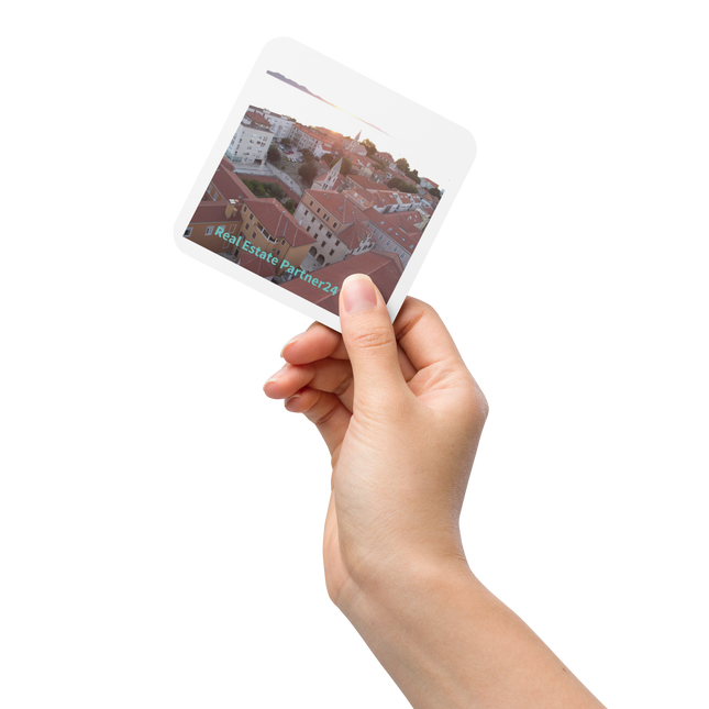 Roof Sunset View Cork-back coaster with realestatepartner24 with house Logo