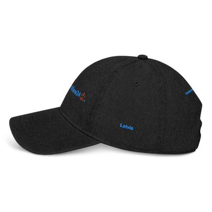 Latvia Denim Hat GroundfloorView24 with 3 Logos.