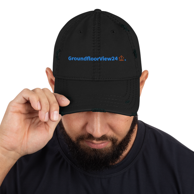 Greece Distressed Dad Hat GroundfloorView24 with 3 Logos.
