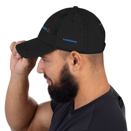 Luxembourg Distressed Dad Hat GroundfloorView24 with 3 Logos.