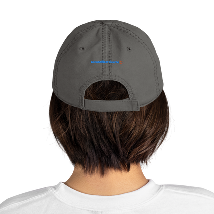 Cyprus Distressed Dad Hat GroundfloorView24 with 3 Logos.