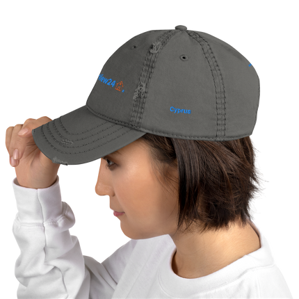 Cyprus Distressed Dad Hat GroundfloorView24 with 3 Logos.