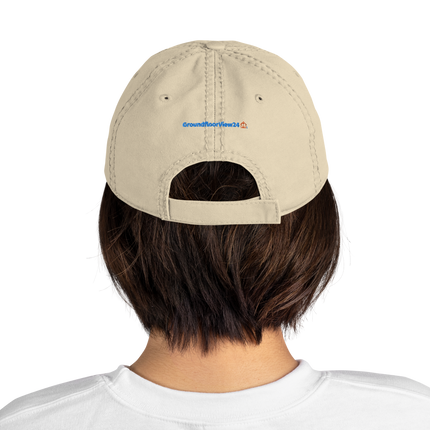 Cyprus Distressed Dad Hat GroundfloorView24 with 3 Logos.