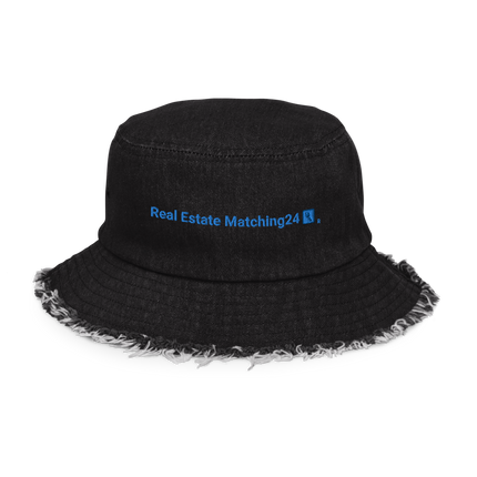 Distressed denim bucket hat Real Estate Matching24 with Logo.